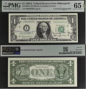 1963A 1 $ Federal Reserve Note - PMG 65EPQ - Courtesy Autographs Granaha/Fowler - Bild 1 von 3