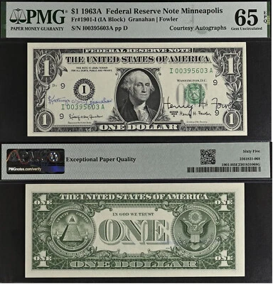 1963A $1 Federal Reserve Note - PMG 65EPQ - Courtesy Autographs Granaha/Fowler - Image 1 of 3