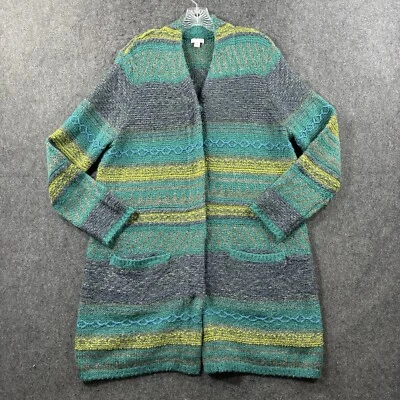 J. Jill Cardigan Women's Extra Large Green Striped Knit Duster Pockets Embroider - Image 1 of 4