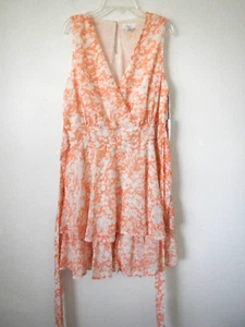 JAPNA L NWT Peach White Floral Belted Smocked Sleeveless Crossover Ruffle Dress - Picture 1 of 5