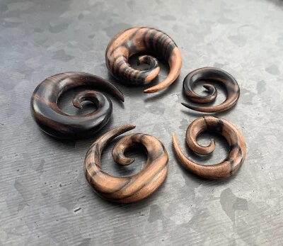 PAIR Ebony Wood Spiral Tapers Organic Plugs Tunnels Earlets Gauges - Image 1 of 4