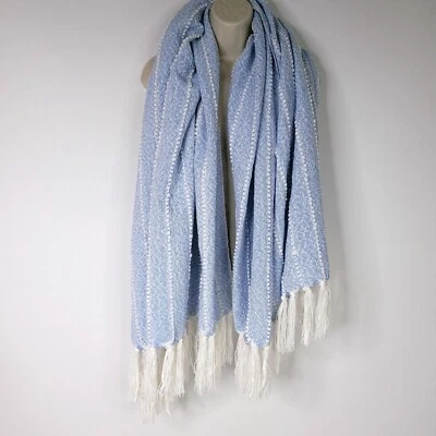 Manta de conserje bufanda envolvente azul blanco flecos tejido Foto 1 de 4