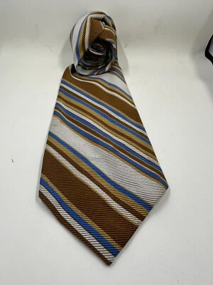 Винтажный галстук стойка синий золото коричневый и белый в полоску галстук 100% дакрон полиэстер - Изображение 1 из 3