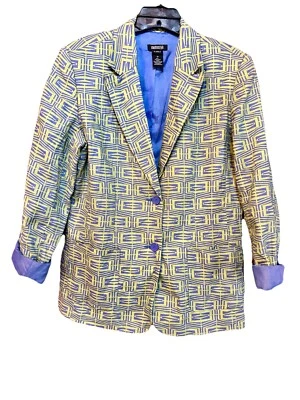 METROSTYLE женщин 100% льняной Blazer куртка синий зеленый абстрактный геометрический размер 12 - Изображение 1 из 4