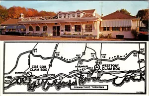 COS COB, CONNECTICUT - CLAM BOX RISTORANTE LUNGO STRADA - CARTOLINA VINTAGE IN LINO - Foto 1 di 2