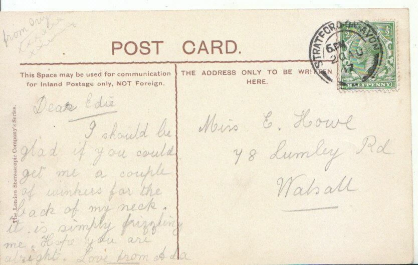 Genealogy Postcard - Howe - 78 Lumley Road - Walsall - Ref 3438A - Image 1 of 1