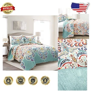 Vibrant Seafoam & Red Paisley Quilt Set - King Reversible 3-Piece Cotton Bedding - Picture 1 of 11