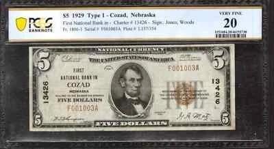 1929 $5 FIRST NATIONAL BANKNOTE CURRENCY COZAD NEBRASKA PCGS 20 VERY FINE (003A) - Image 1 of 2