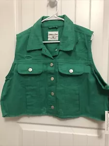 Highway Jeans Denim Vest Women's 3X Green Sleeveless Distressed Cropped - Picture 1 of 8