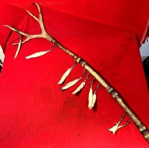 Early Shaman Native American Ceremonial Beaded Antler Bone Walking Staff / Cane