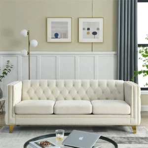 Modern 3 Seater Button Tufted Velvet Sofa Upholstered Couch with Gold Metal Legs - Picture 1 of 18
