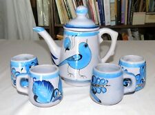 Mexico Pottery Teapot and Four Cups - Blue Birds