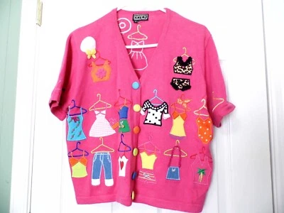 Suéter feminino vintage Berek rosa verão temático manga curta botão para cima tamanho M - Imagem 1 de 4