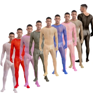 Mens Bodysuit Oil Rompers Glossy Jumpsuit Zipper Crotch Playsuit One Piece Sexy - Picture 1 of 56