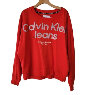 Sudadera de Colección Años 90 Calvin Klein Jeans Roja Cuello Redondo Lentejuelas Logo Talla XL  Foto 1 de 4