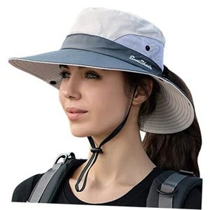 Womens Summer Mesh Wide Brim Sun UV Protection Hat with Ponytail Hole - Picture 1 of 8