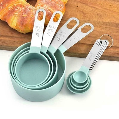 4Pcs Stainless Steel + Plastic Handle With Graduated Measuring Cup And Spoon Set - Image 1 of 4