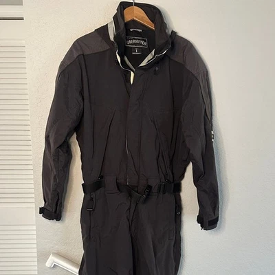 Terno de esqui masculino vintage Obermeyer neve zíper bolsos inverno anos 80 preto com capuz - Imagem 1 de 4