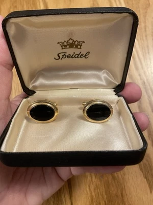 Винтажные золотистые черные овальные запонки Speidel в оригинальной коробке - Изображение 1 из 4