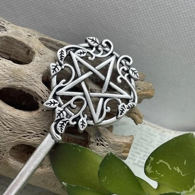 Pentagrama Wicca Plata Palo de Pelo Estrella Wicca Prendedor Grande Joyería Boda Festival Foto 1 de 4