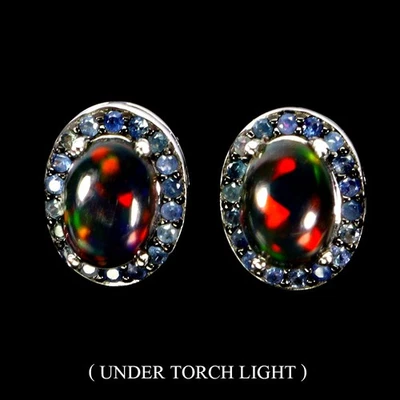 925 Orecchini Argento Sterling Ovale Nero Opale 7x5mm Zaffiro Taglio Diamante - Immagine 1 di 4