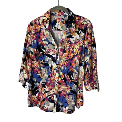 Dana Buchman Shirt Size Large 3/4 Sleeves Button Up Colorful Black Blue Yellow - Image 1 of 4