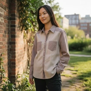 Cecico Womens Large Two Tone Beige Long Sleeve Button Up Pockets Shirt Top - Picture 1 of 9