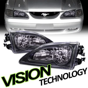 For 94-98 Ford Mustang Euro Black Clear Lens Headlights Headlamps Lamps Pair K2 - Picture 1 of 2