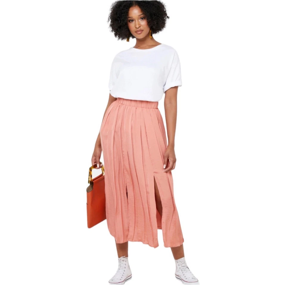 Falda midi plisada con aberturas delanteras Top Shop para mujer en rosa coral, talla 2 0016 Foto 1 de 4