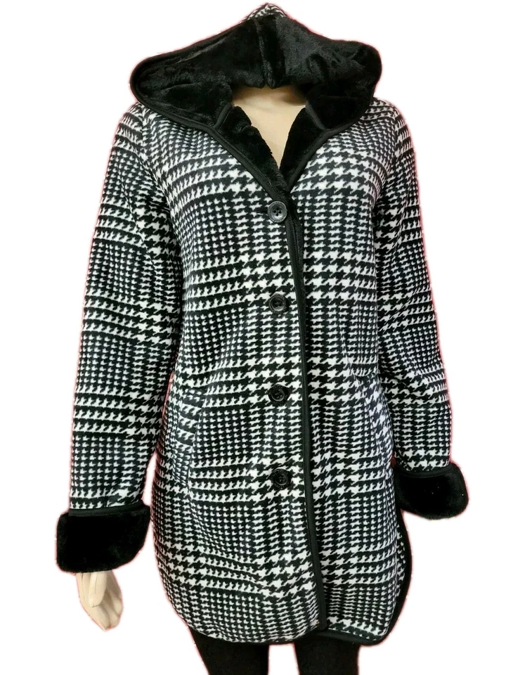 Ike Behar Hooded Houndstooth Coat Black White Women's Fur lining Size M NWT #C - Image 1 of 4