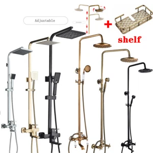 Antique Brass Shower Faucet System With 8'' Shower Head Tub Filler Tap Shelf Set - Picture 1 of 67