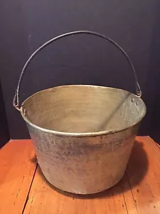 Large Antique Brass Jelly Cauldron Pot Bucket with Wrought Iron Handle - Picture 1 of 11