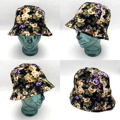 BK 100% Cotton Black with Peach Purple Rose Floral Print Bucket Hat Women OSFM - Image 1 of 4