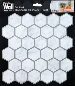 Peel Stick 8"x8" Art Wall Tile Hexagon Mosaic Gray MARBLE SILVER Made in USA