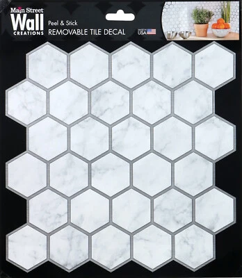 Peel Stick 8"x8" Art Wall Tile Hexagon Mosaic Gray MARBLE SILVER Made in USA - Image 1 of 4