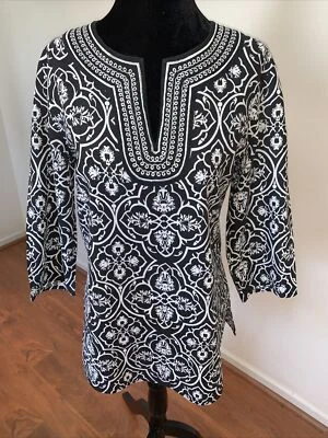 Blusa Lucy & Laurel Feminina Tamanho M Bordada Preta e Branca BOHO Manga 3/4 - Imagem 1 de 4