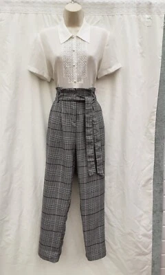 GREY CHECK TROUSERS,PAPAERBAG,TAPERED LEG,60S,80'S VINTAGE STYLE,POCKETS,SIZE 10 - Image 1 of 4