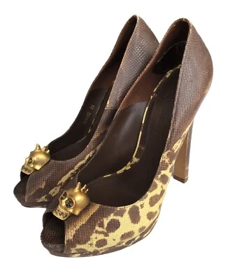 ALEXANDER McQUEEN Brown Snake Leather Skull Heel Peep Toes Shoes Size 39 IT - Image 1 of 4