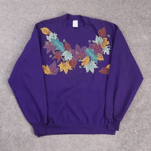 VTG Jerzees Sweatshirt Large Purple Fall Leaves Autumn Graphic Print Pullover - Picture 1 of 10