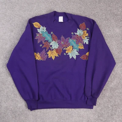 VTG Jerzees Sweatshirt Large Purple Fall Leaves Autumn Graphic Print Pullover - Image 1 of 4