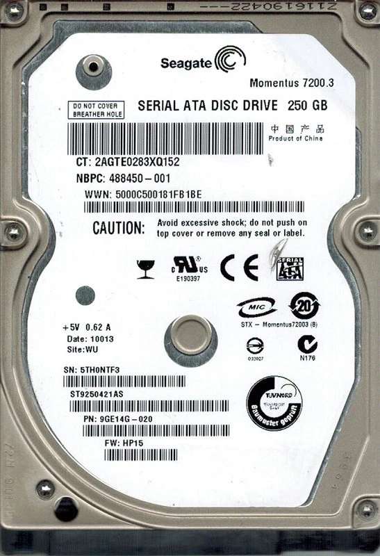 Seagate ST9250421AS P/N: 9GE14G-020 F/W: HP15 250GB WU - Image 1 of 1