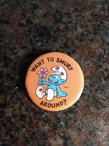 Spilla/spilla/pulsante Puffo Vintage, "Vuoi Puffare in giro?" - Foto 1 di 2