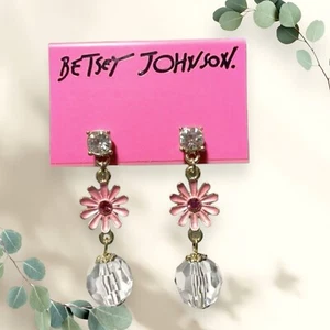 Sparkling DAISY Pink FLOWER Rhinestone Betsey Johnson Dangle Earrings NEW! - Picture 1 of 1