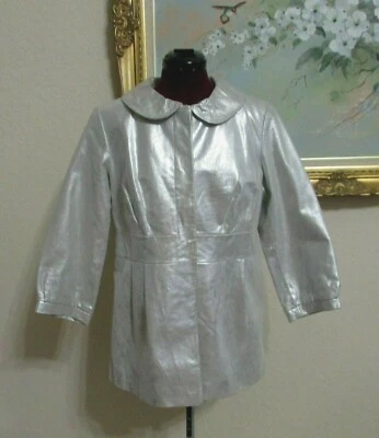 REVUE SZ M LIGHT SILVER METALLIC LEATHER BUTTON FRONT JACKET/COAT W 3/4"SLEEVES - Image 1 of 4