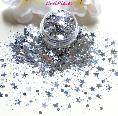 Nail Art *Twinkles* Holographic Silver Stars Metallic Hexagon Glitter 5ml Pot