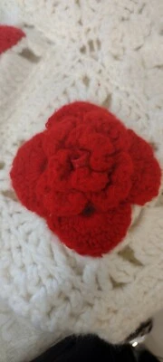 Hand Crocheted Afghan Blanket 54"x 62" Red 3D Flowers Granny square Roseanne - Image 1 of 4