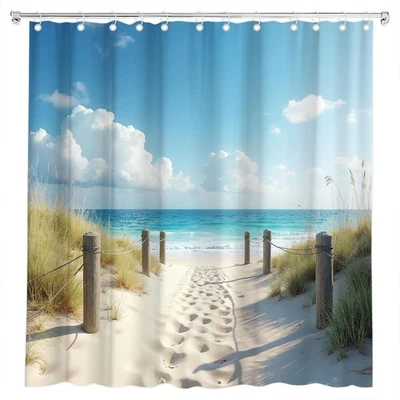 Ocean Beach Shower Curtain Summer Coastal Hawaiian Scenic Blue Sky Seaside Co... - Image 1 of 4
