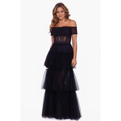 Vestido formal BETSY & ADAM fora do ombro babado tamanho 8 preto em camadas A25047 novo com etiquetas - Imagem 1 de 4