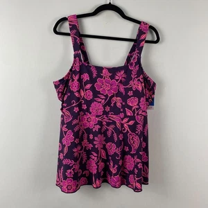 Lands' End Flatter Tankini Oberteil Gr. XL 18 DDD marineblau rosa Blumenmuster eckiger Ausschnitt - Bild 1 von 11