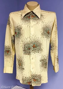 Vintage 70's Men's Kings Road Tan/Br/Gr Grouse Print Wide Collar Disco Shirt XL - Picture 1 of 9
